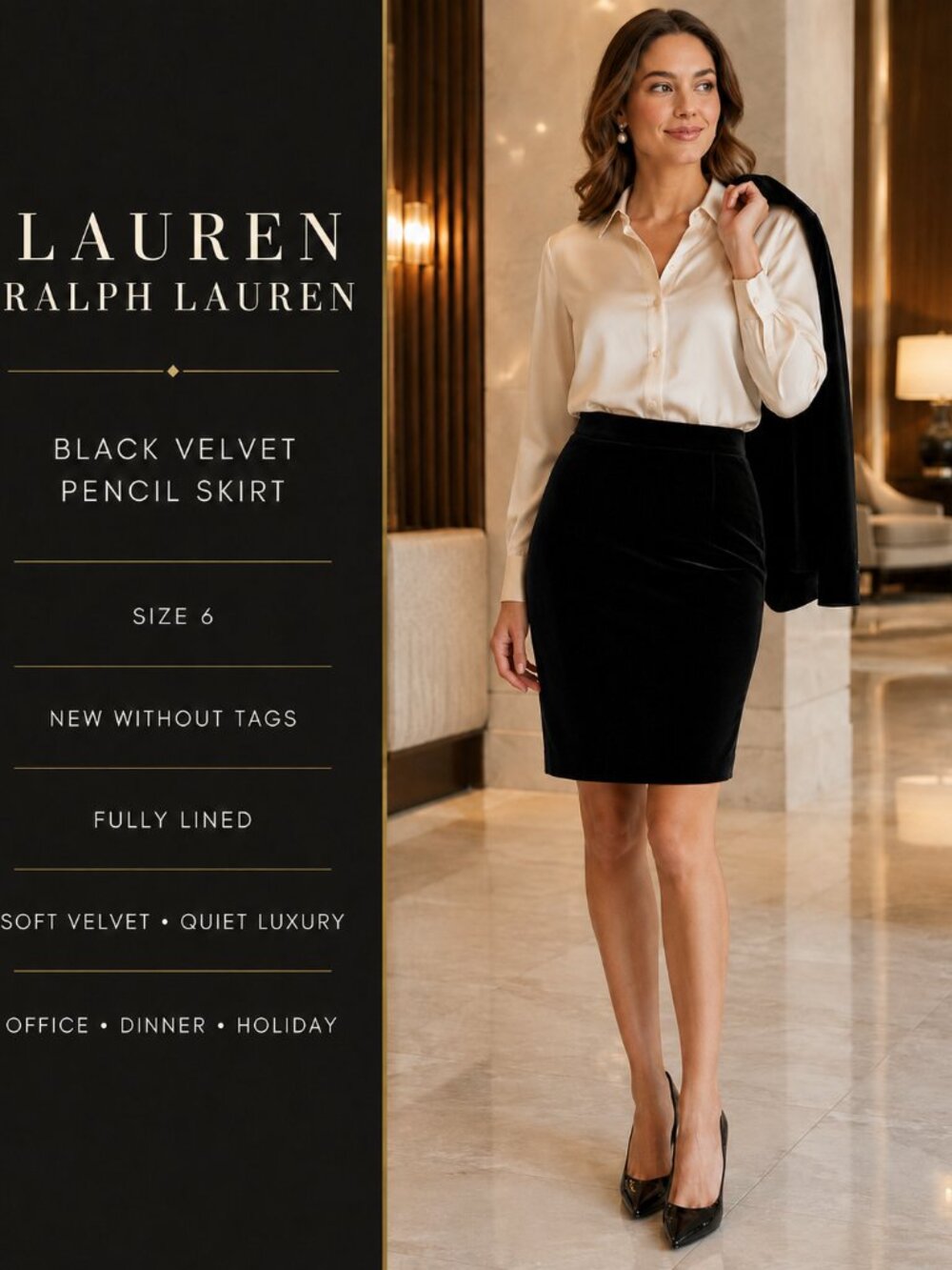 Lauren Ralph Lauren Black Velvet Pencil Skirt Women’s Lined Elegant Size 6